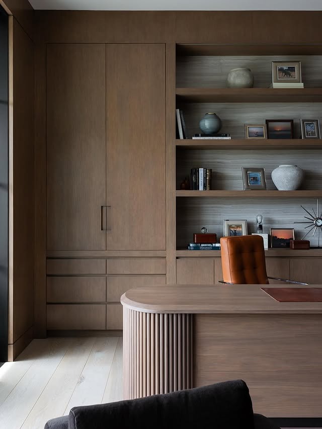 12. Walnut Brown Office with Fluted Desk Design - professional office decor ideas