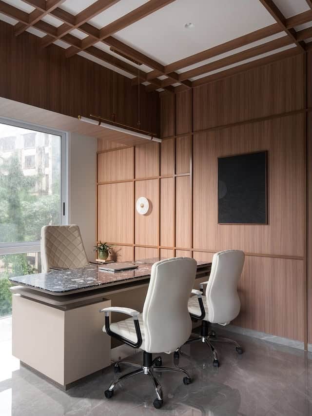 13. Contemporary Wood Office with Coffered Ceiling - professional office decor ideas