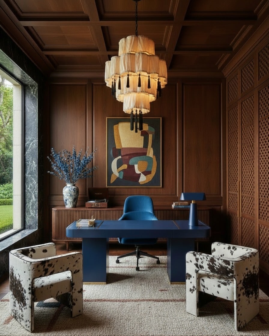 15. Deep Walnut Office with Blue Statement Desk - professional office decor ideas