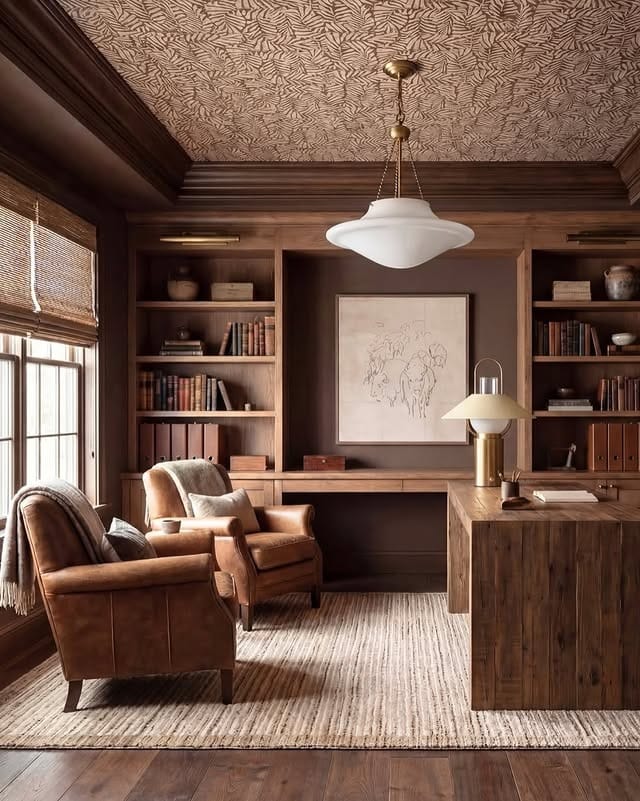 16. Rustic Brown Office with Leather Lounge Seating - professional office decor ideas