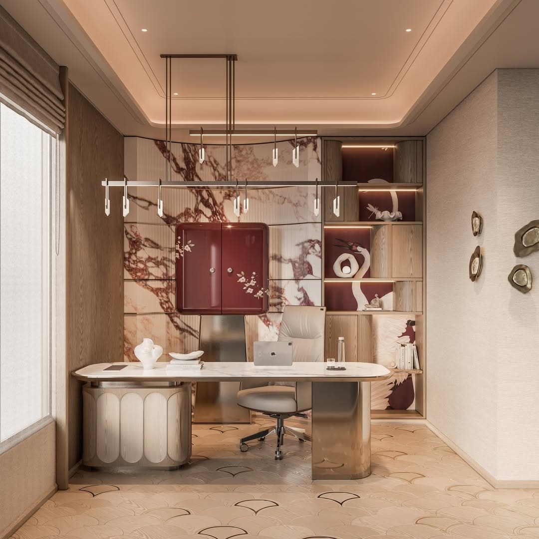 17. Cream and Burgundy Luxe Office with Marble Feature Wall - professional office decor ideas