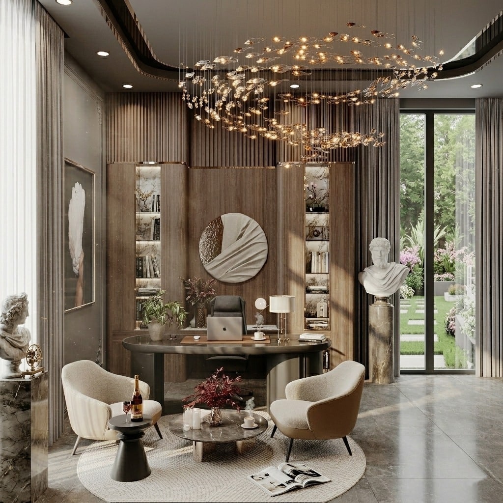 18. Taupe Luxury Office with Sculptural Chandelier - professional office decor ideas
