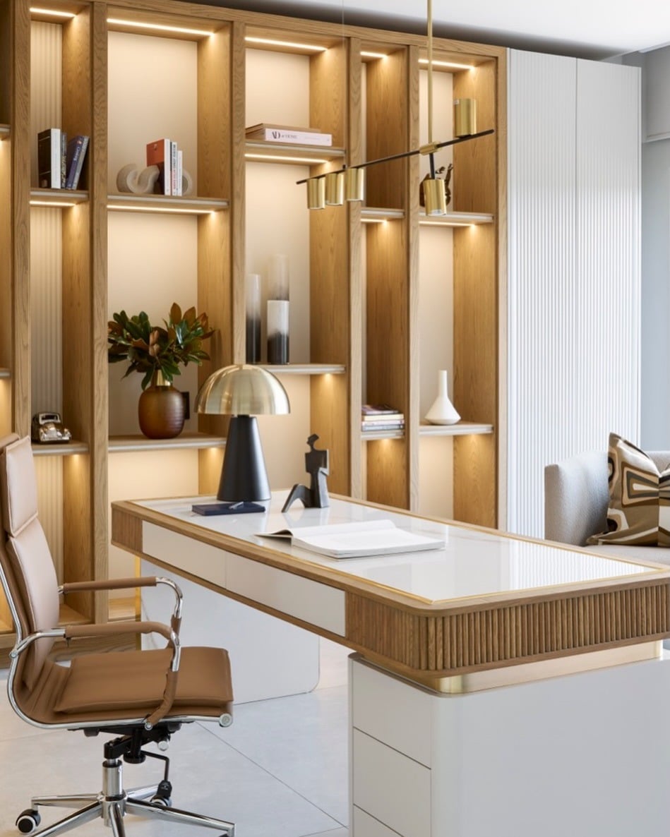 19. White and Oak Office with Illuminated Shelving - professional office decor ideas