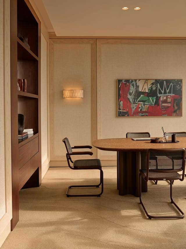 20. Neutral Modern Office with Cane Accent Seating - professional office decor ideas