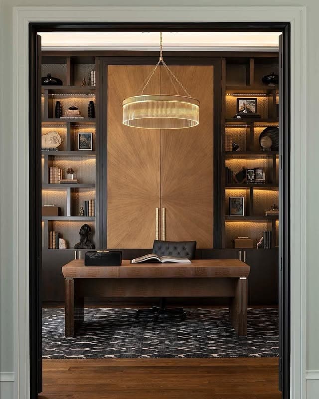 21. Espresso and Walnut Executive Office with Illuminated Shelving - professional office decor ideas