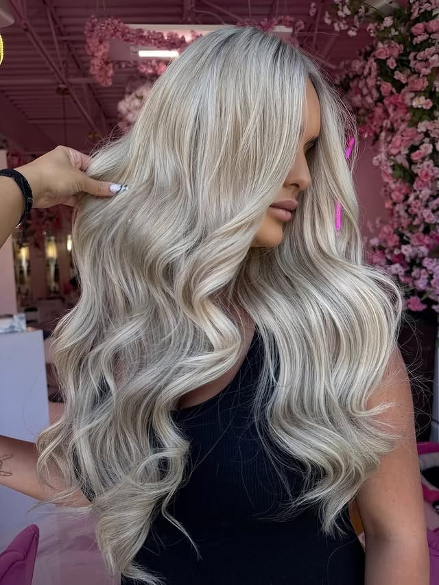 8. Icy Pearl Blonde Glam Waves - Pearl Blonde Hair Color
