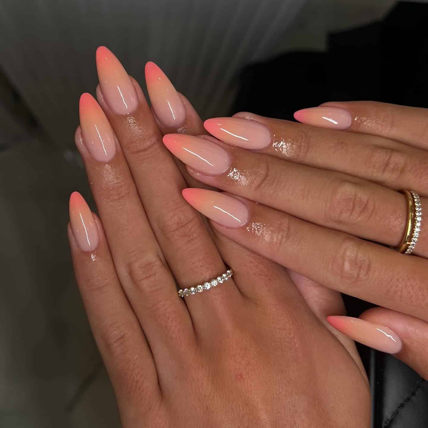 12. Coral Pink Almond Ombre Nails - ombre nail ideas