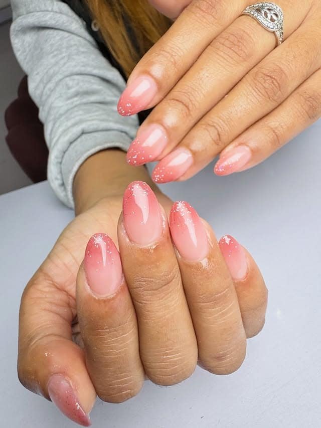 14. Glitter Pink Almond Ombre Nails - ombre nail ideas