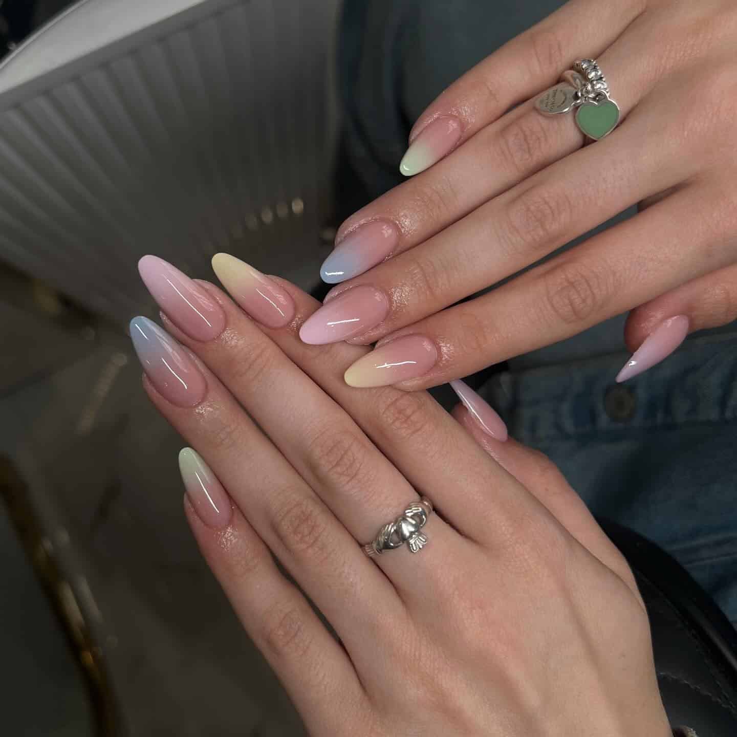 16. Pastel Rainbow Almond Ombre Nails - ombre nail ideas