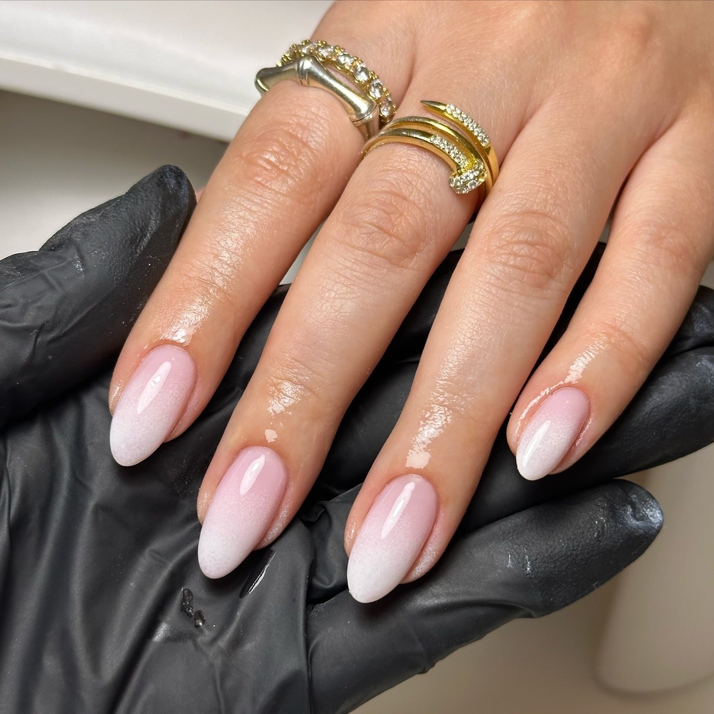 19. Pearlescent Pink Ombre Almond Nails - ombre nail ideas