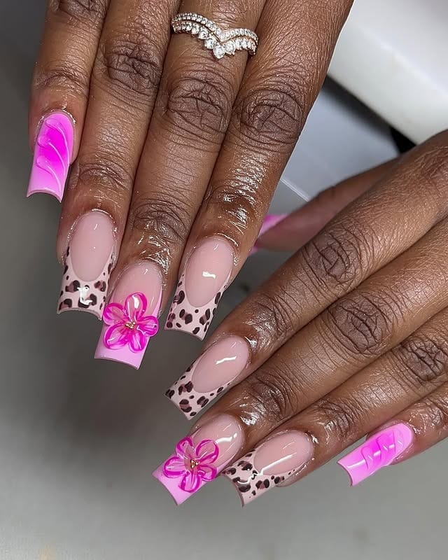2. Pink Leopard Flower Accent Nails - cheetah nail ideas