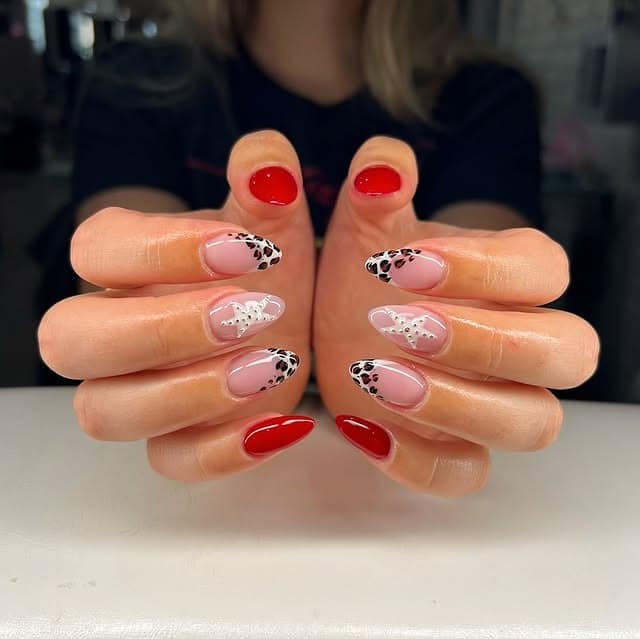 15. Red Leopard Accent Almond Nails - cheetah nail ideas