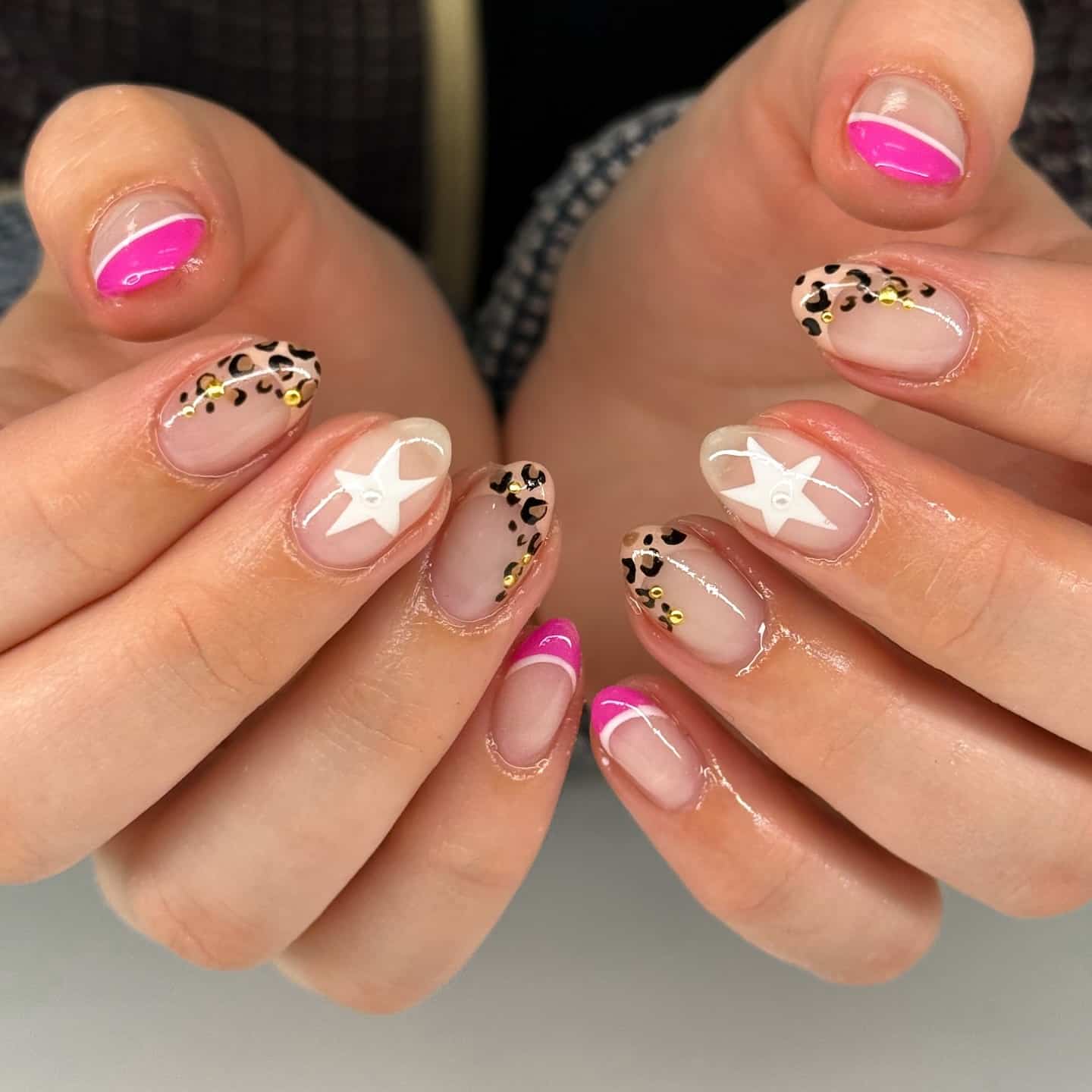17. Pink French Leopard Short Nails - cheetah nail ideas