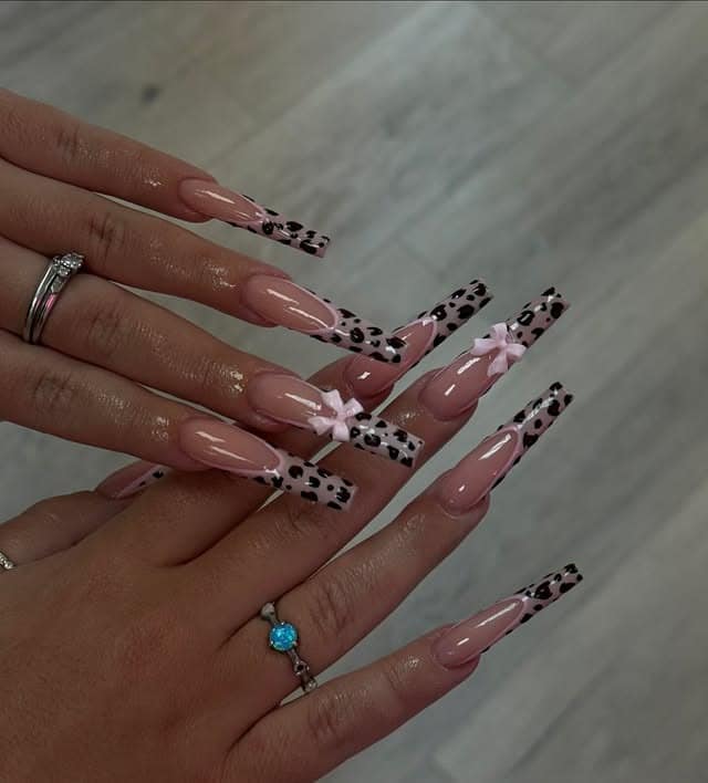 18. Long Pink Leopard Bow Coffin Nails - cheetah nail ideas