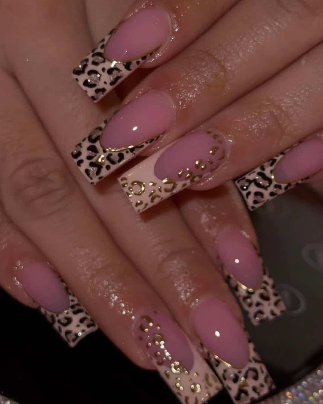 22. Pink and Gold Leopard Coffin Nails - cheetah nail ideas