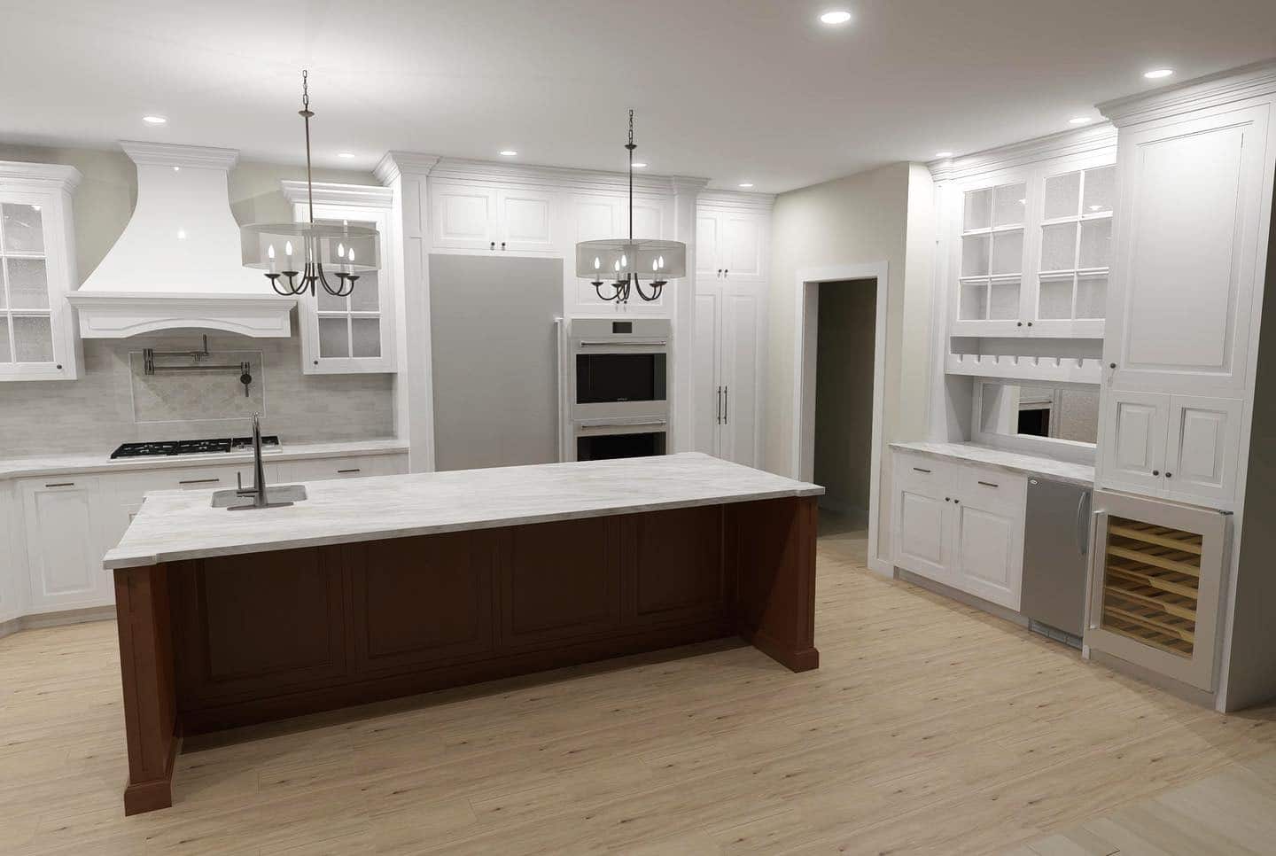 6. White Traditional Kitchen with Espresso Wood Island - traditional kitchen ideas