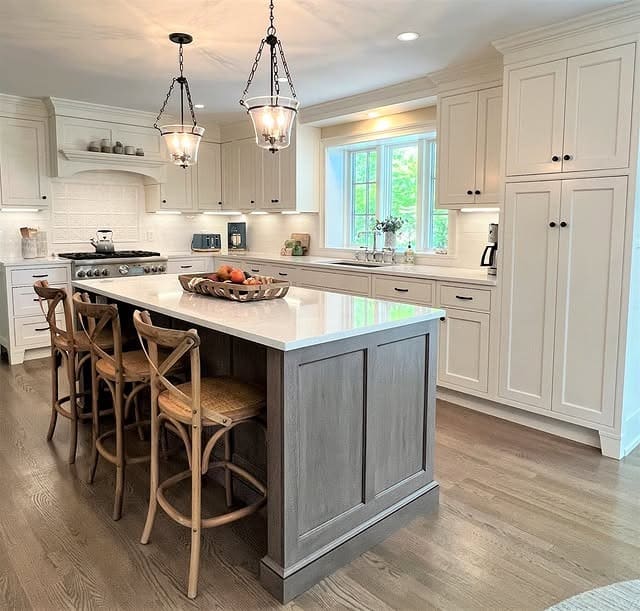7. Neutral Traditional Kitchen with Weathered Oak Island - traditional kitchen ideas