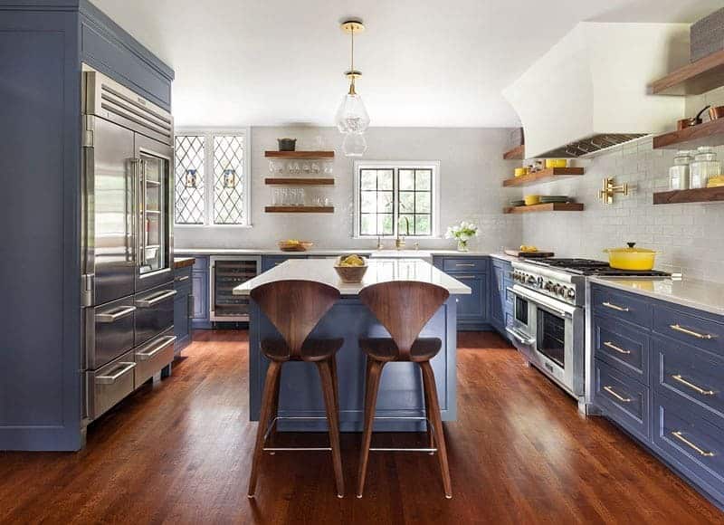 8. Slate Blue Traditional Kitchen with Brass Fixtures - traditional kitchen ideas