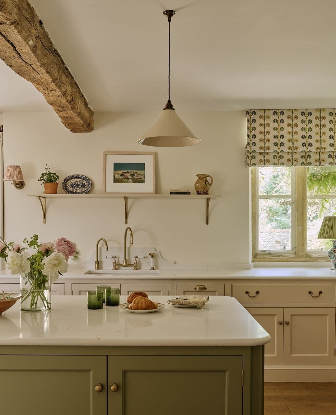13. Country Cream Kitchen with Olive Green Island - traditional kitchen ideas