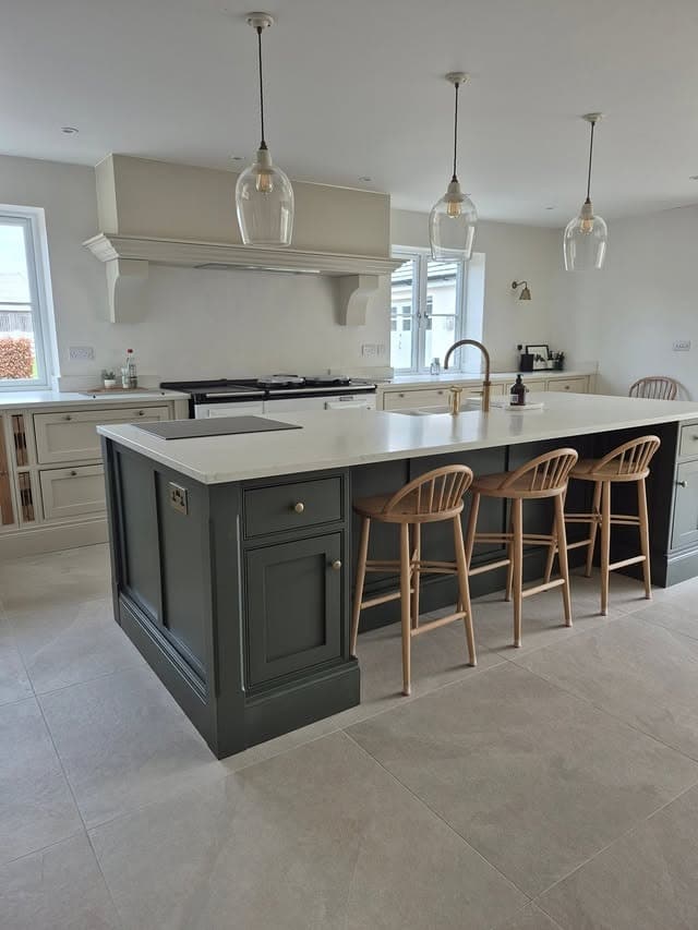 16. Charcoal Green Traditional Kitchen with White Quartz Island - traditional kitchen ideas