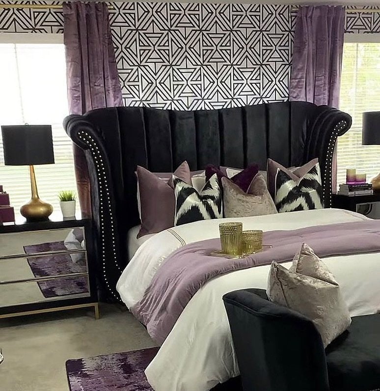 3. Black Velvet and Plum Statement Bedroom - black and purple bedroom ideas