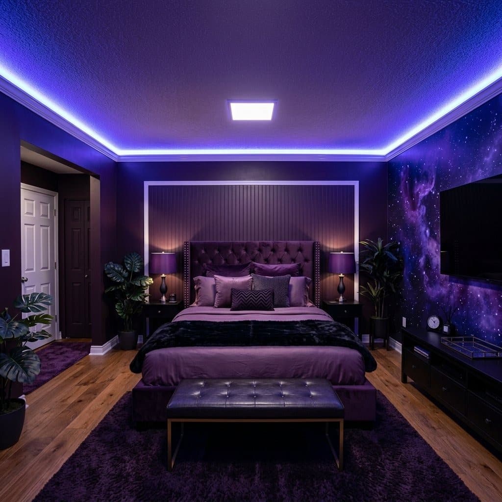 4. Galaxy-Inspired Purple and Black Bedroom - black and purple bedroom ideas