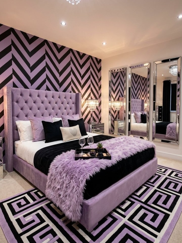 5. Glam Lavender and Black Patterned Bedroom - black and purple bedroom ideas