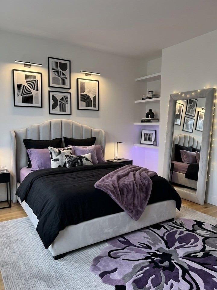 6. Modern Black and Lavender Minimalist Bedroom - black and purple bedroom ideas
