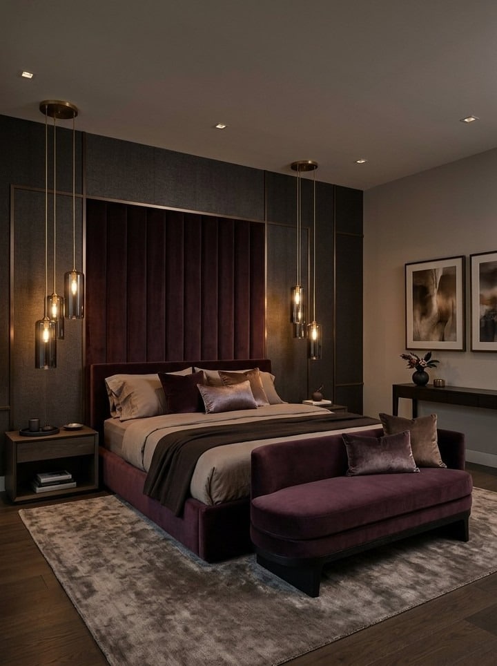 7. Deep Plum Contemporary Bedroom Design - black and purple bedroom ideas