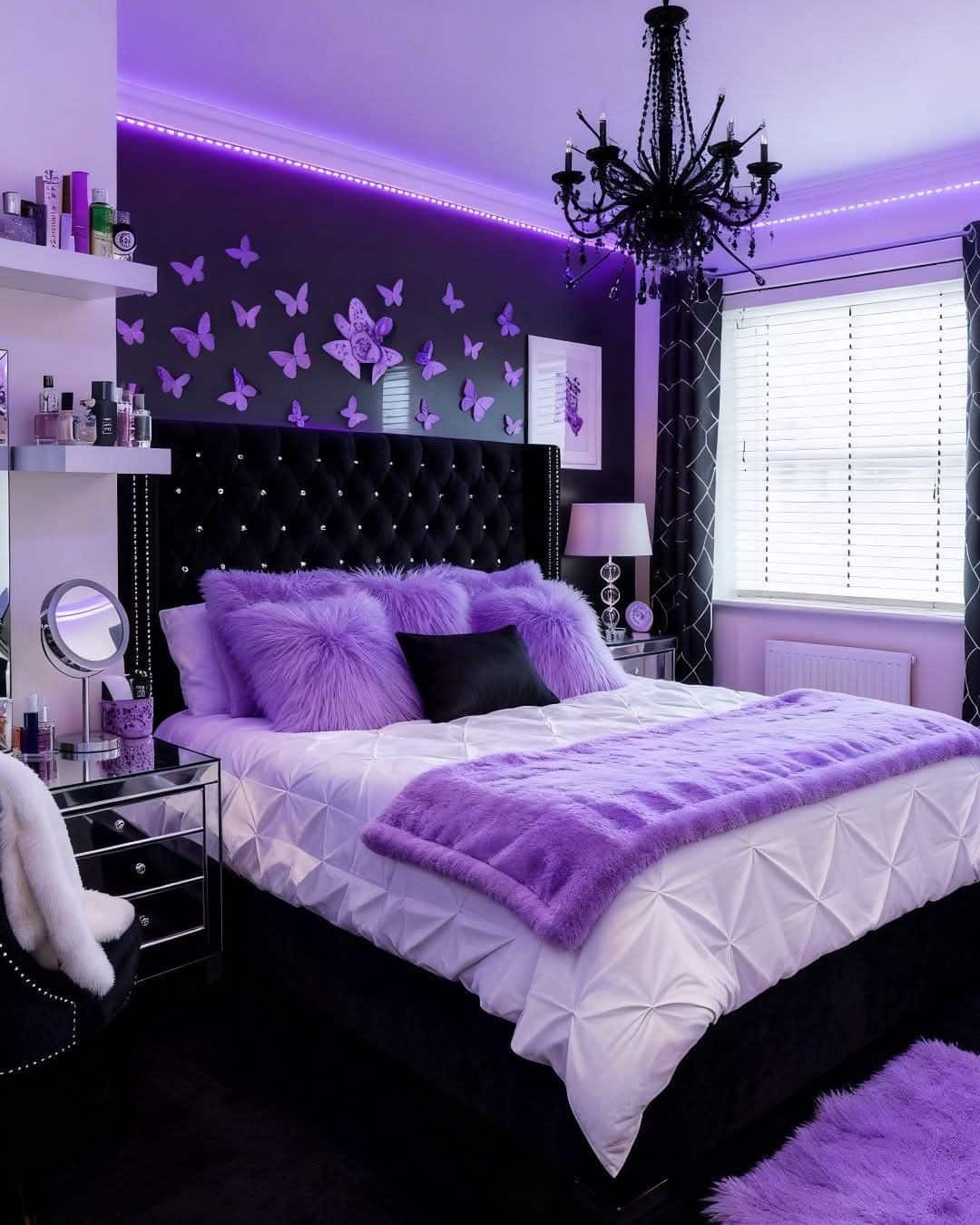 12. Glam Black and Lavender Princess Bedroom - black and purple bedroom ideas