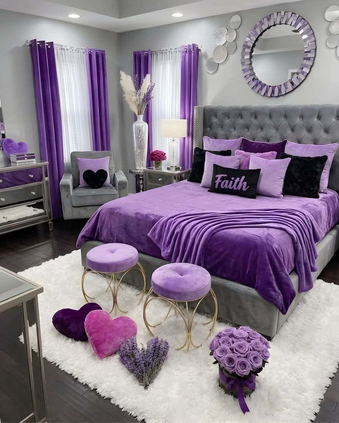 13. Gray and Purple Luxe Comfort Bedroom - black and purple bedroom ideas