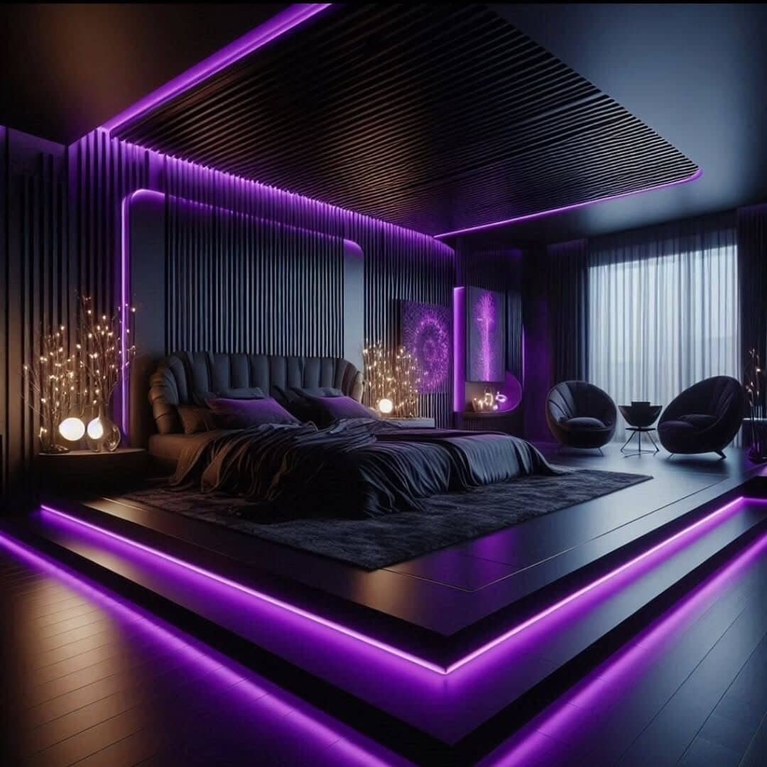 14. Futuristic Black and Neon Purple Bedroom - black and purple bedroom ideas