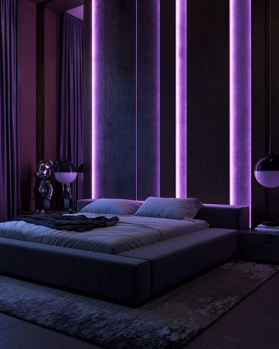 15. Modern Black Bedroom with Purple LED Panels - black and purple bedroom ideas
