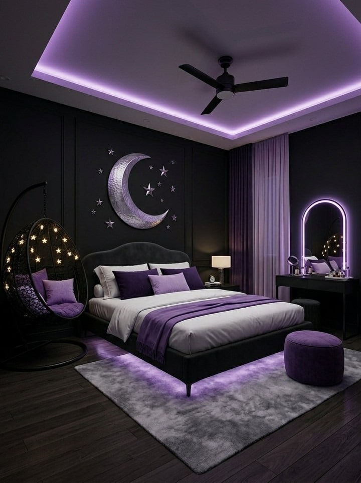 17. Celestial Black and Lavender Bedroom - black and purple bedroom ideas