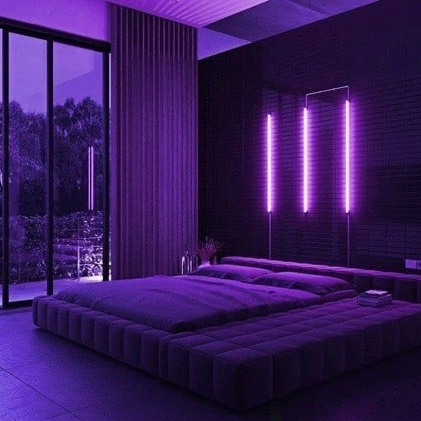18. Ultra-Modern Purple LED Bedroom Style - black and purple bedroom ideas
