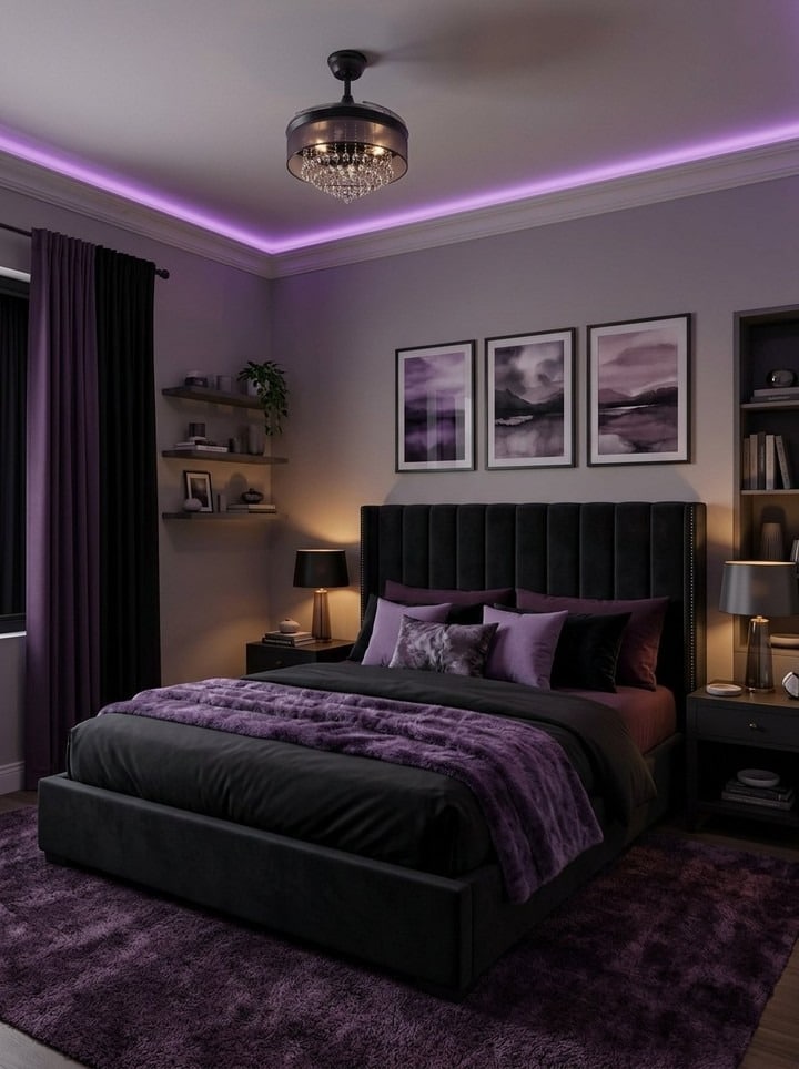 19. Elegant Black and Plum Bedroom Retreat - black and purple bedroom ideas