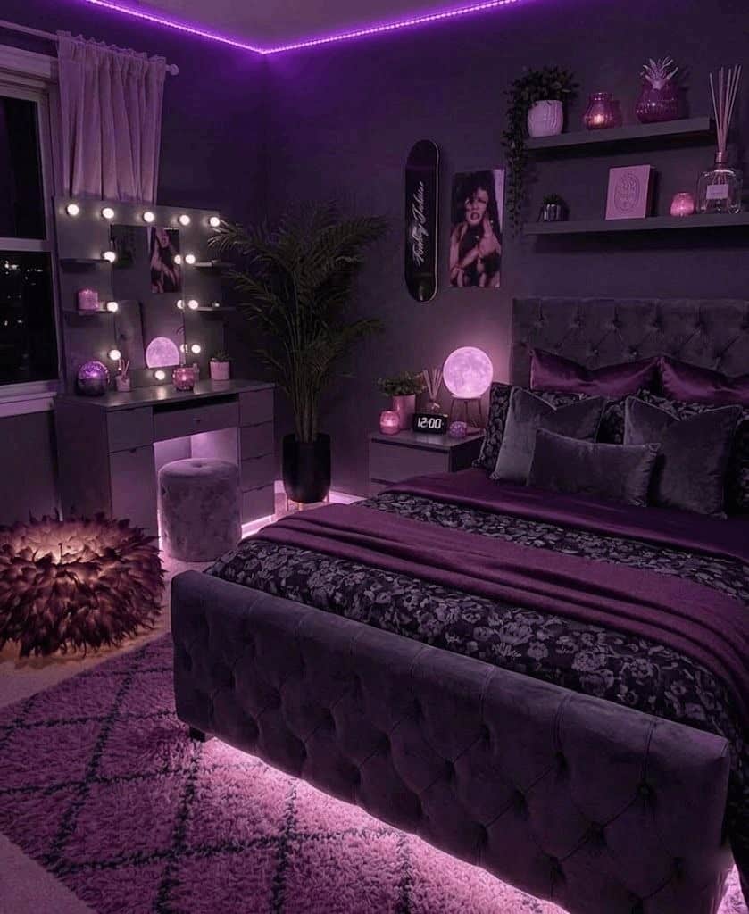 20. Cozy Purple Glow Bedroom Aesthetic - black and purple bedroom ideas