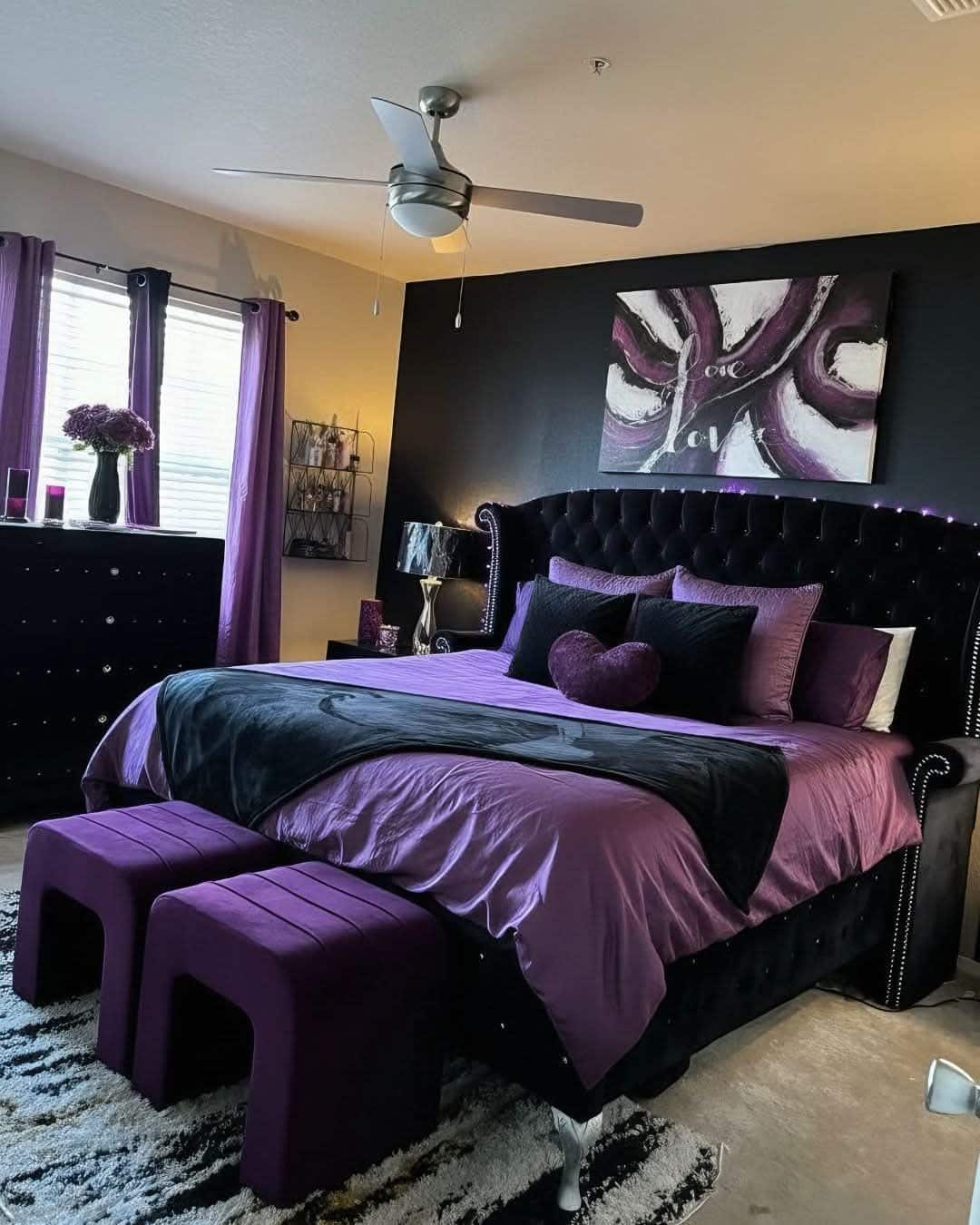 21. Glam Black and Purple Velvet Bedroom - black and purple bedroom ideas