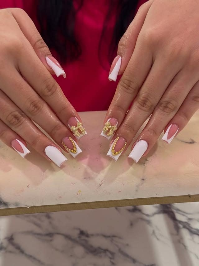 4. White French Cutout Nails with Gold Details - classy short nail ideas