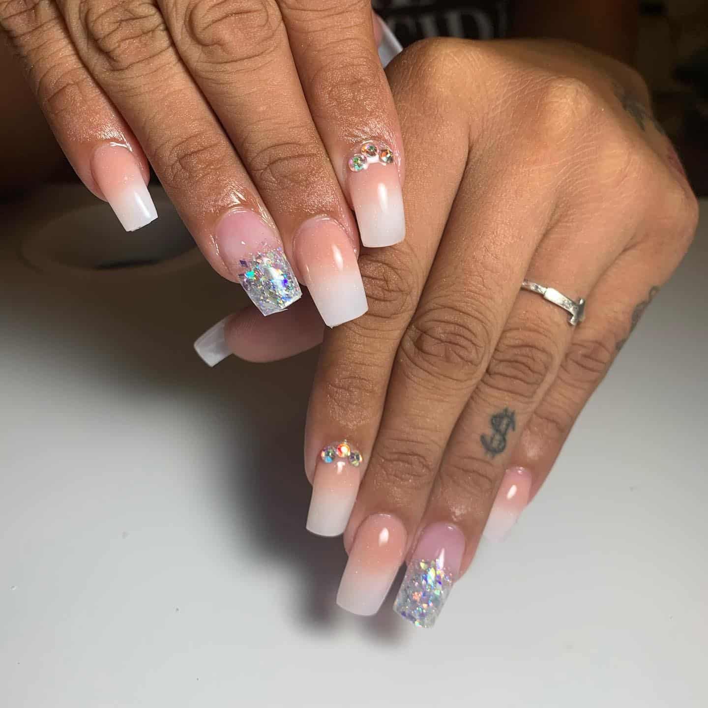 10. Ombre White Glitter Coffin Nails - classy short nail ideas