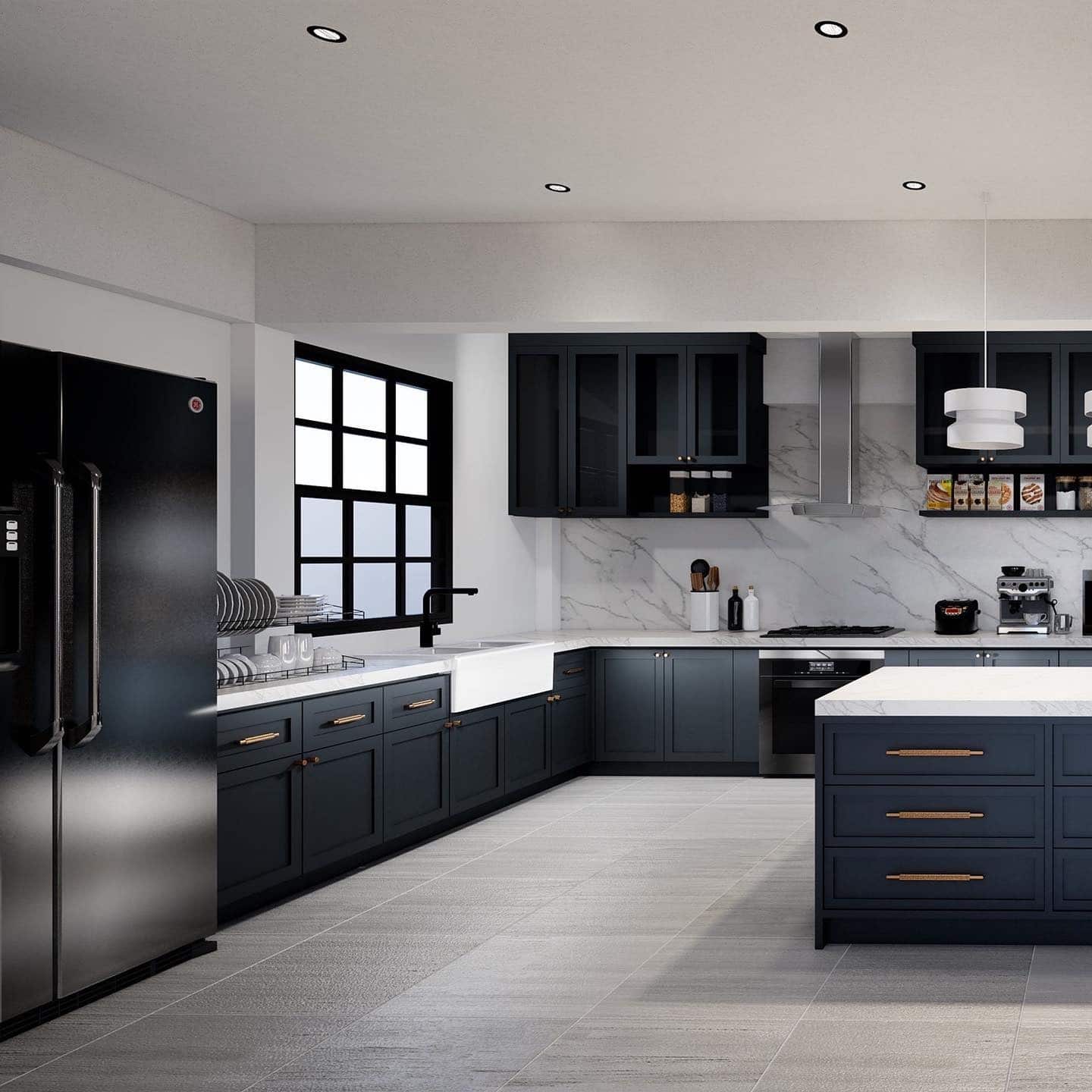 1. Moody Navy Blue Kitchen With Marble Accents - navy blue kitchen ideas
