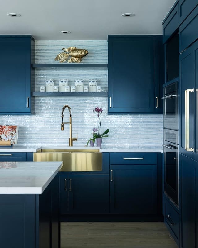 5. Luxe Navy Blue Kitchen With Brass Sink Details - navy blue kitchen ideas
