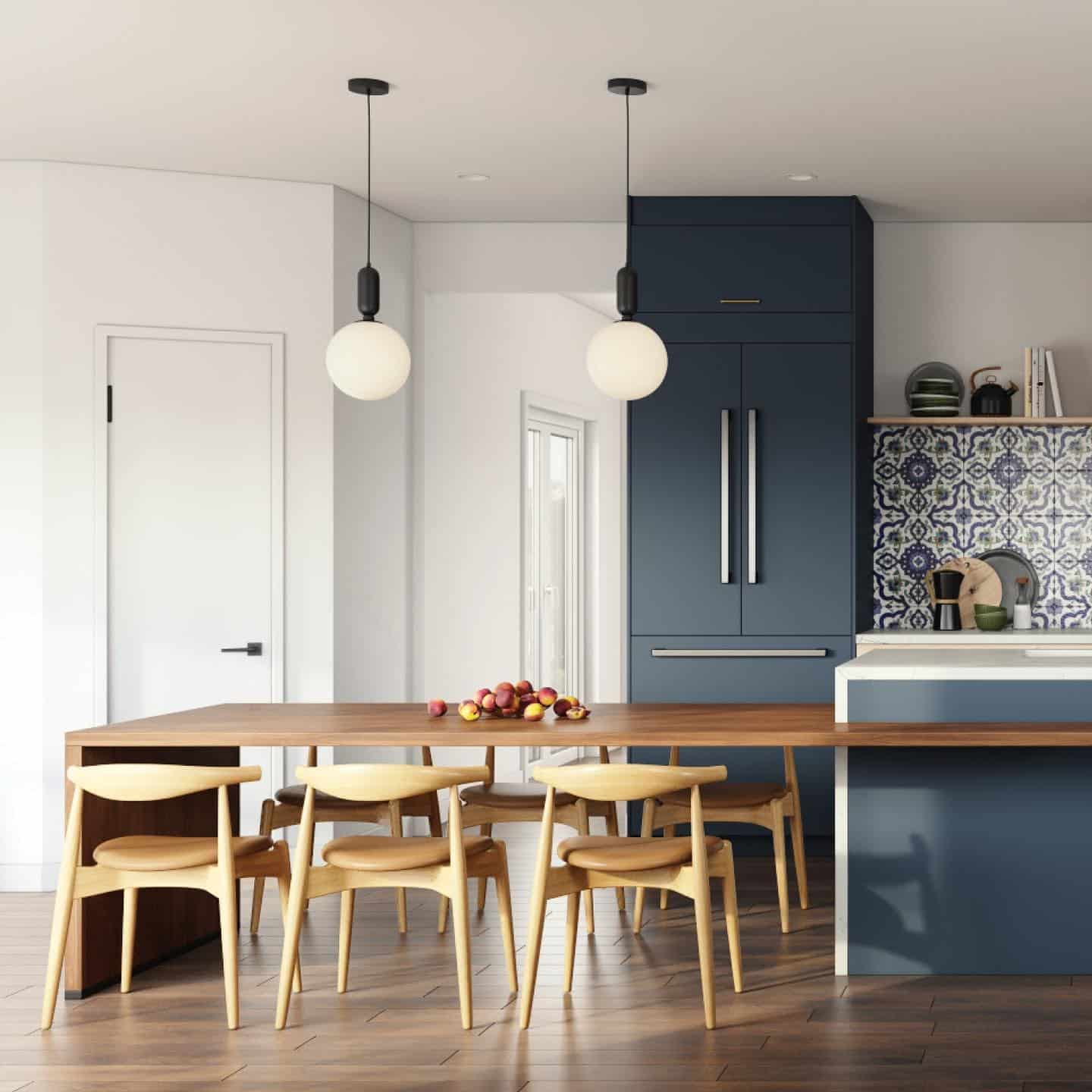 8. Scandinavian-Inspired Blue Kitchen With Wood Dining Table - navy blue kitchen ideas