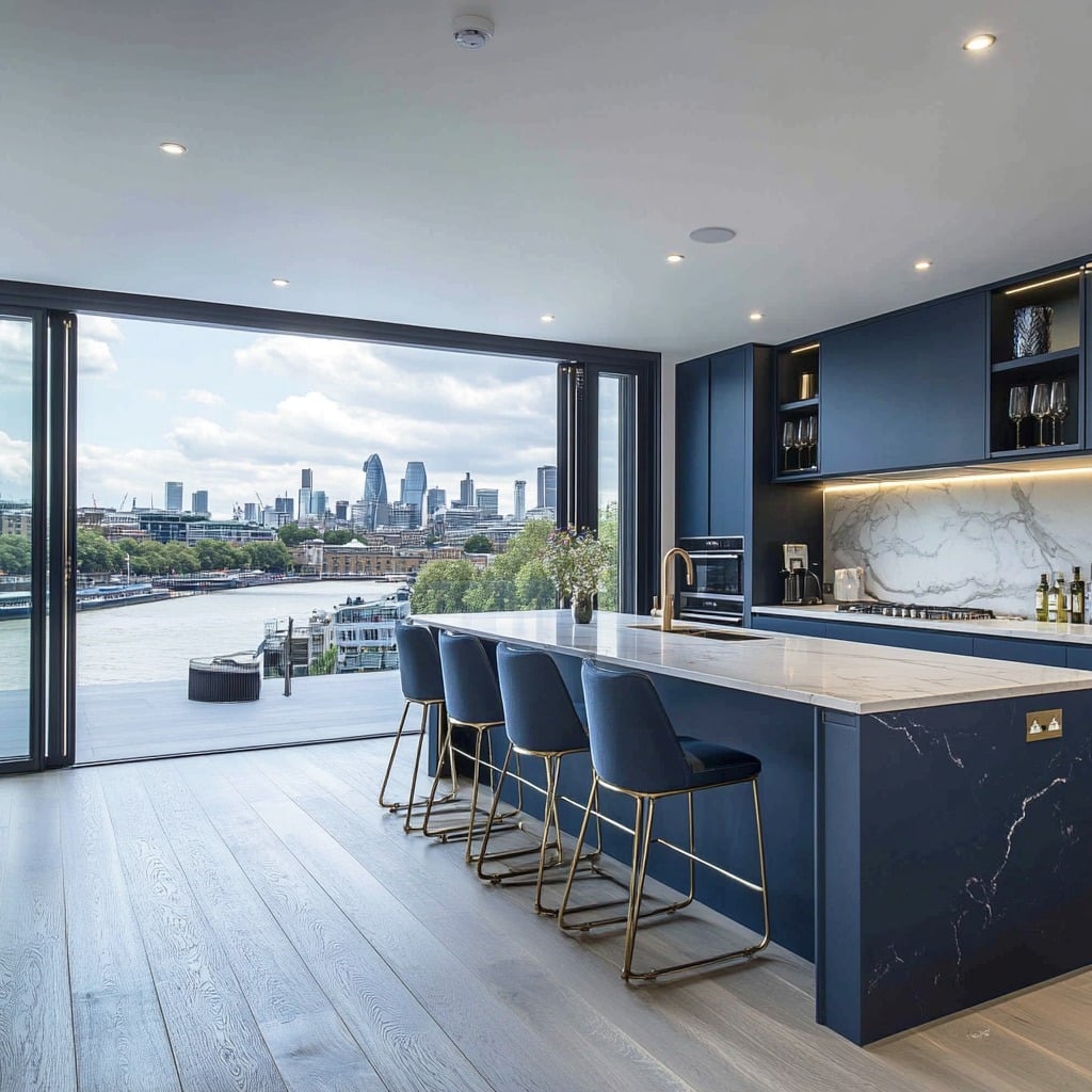14. Luxury Navy Blue Kitchen With City View - navy blue kitchen ideas
