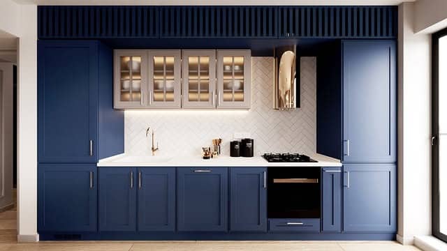 17. Minimalist Navy Blue Kitchen With Gold Details - navy blue kitchen ideas