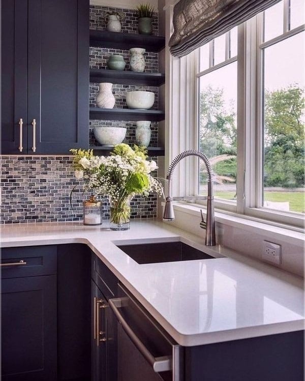 20. Navy Blue Kitchen With Open Shelving And Mosaic Tile - navy blue kitchen ideas