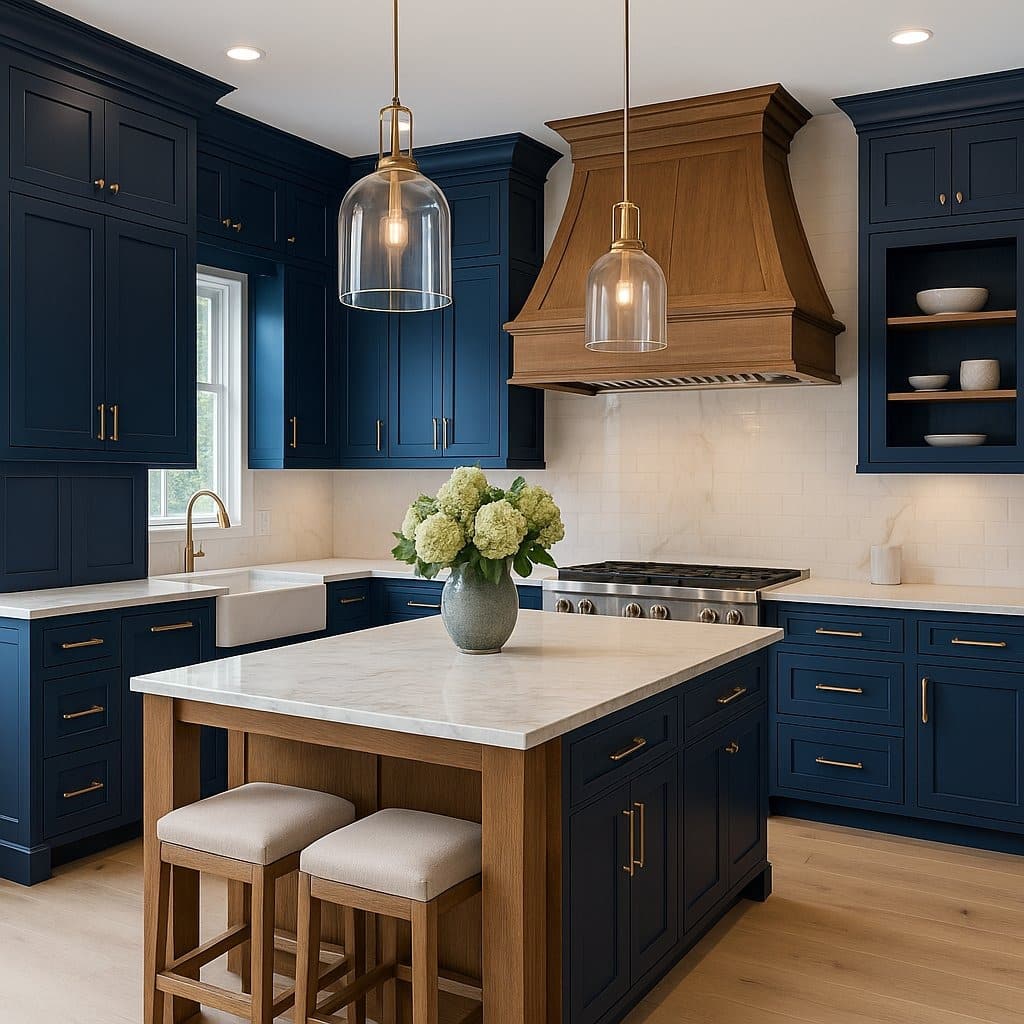 21. Elegant Navy Blue Kitchen With Natural Wood Range Hood - navy blue kitchen ideas