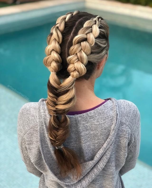 20. Blonde and Brunette Double Dutch Braids into Fishtail - Double Dutch Braids