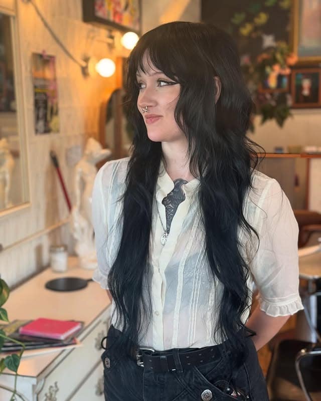 4. Midnight Black Layered Shag with Soft Waves - Long Shaggy Hair