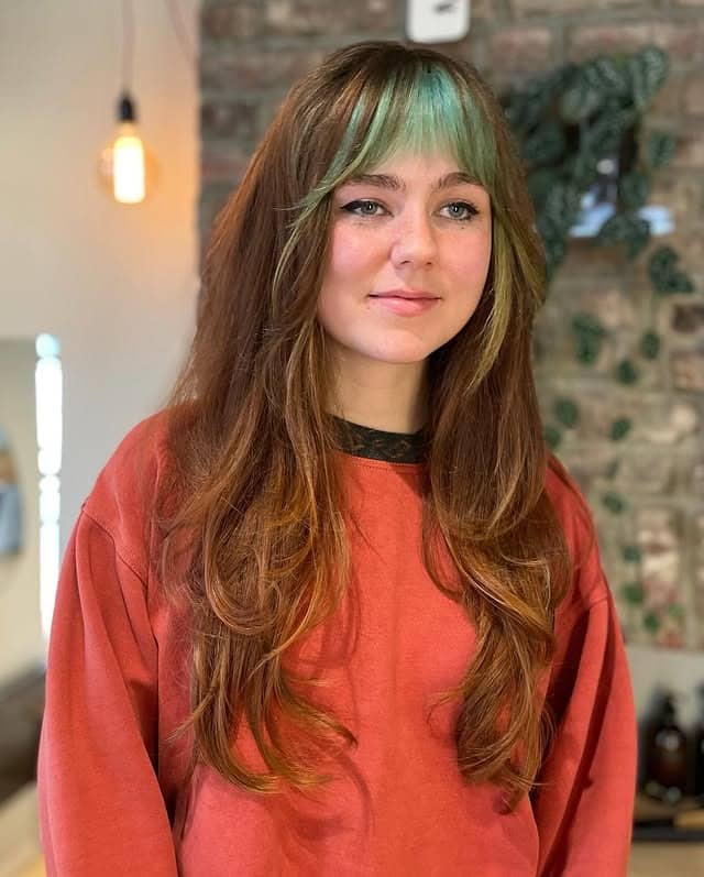 9. Copper Brown Shag with Mint Money Piece - Long Shaggy Hair